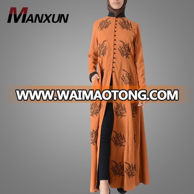 Modern Design Mandarin Embroidered Front Open Abaya Suit + Pants Moroccan Jalabiya Long Dress Islamic Clothing