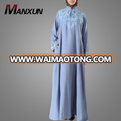 Nice Quality Manufactured Mandarin Embroidered Eid Abaya Moroccan Jalabiya Long Gown Dress Islamic Clothing